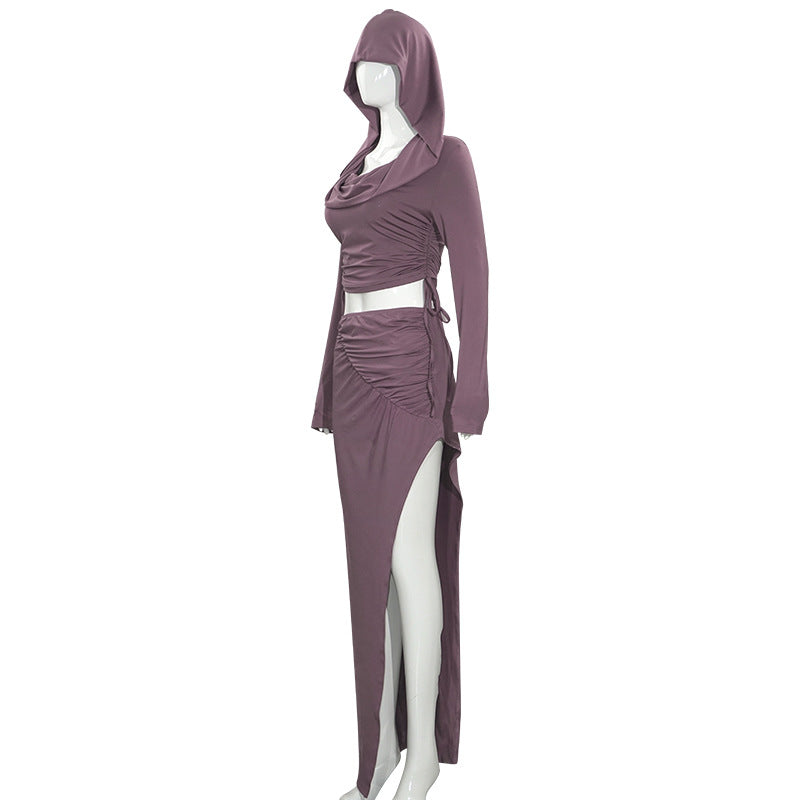 Spring Solid Color Hooded Slim Long Sleeve  Top High Waist Slit Long Skirt Women's Two Piece Set 6