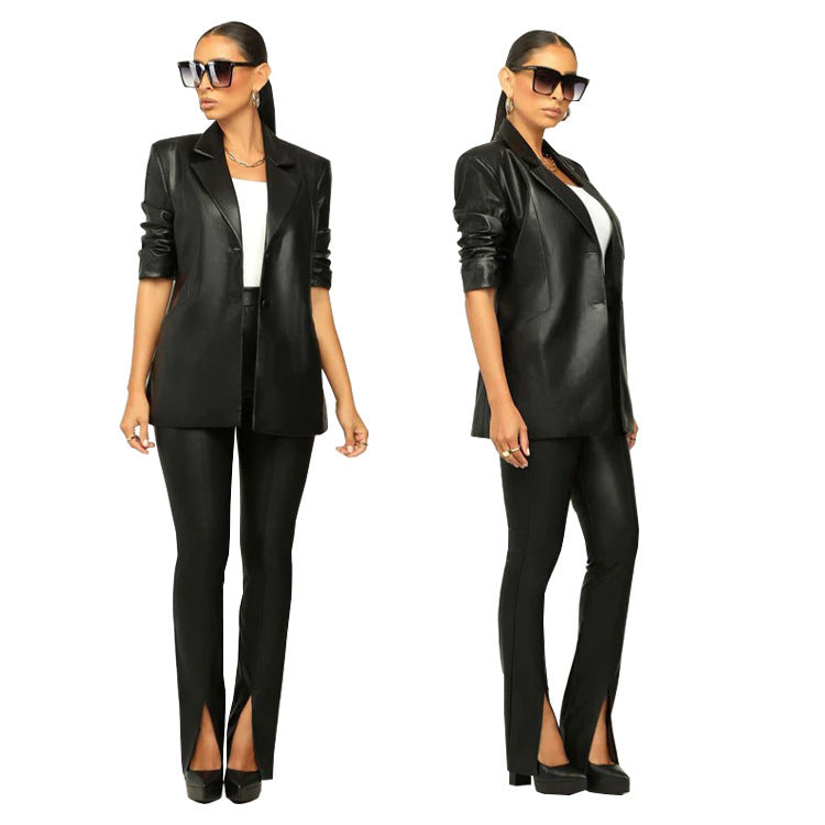 Women'S Pu Leather Turndown Collar Blazer Slit Tight Pants Two Piece Set 8