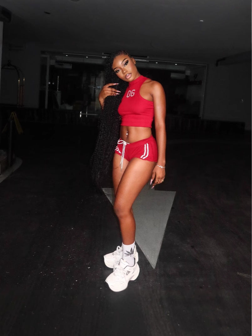 Women American Tank Top Shorts Sports Two-Piece Set 6