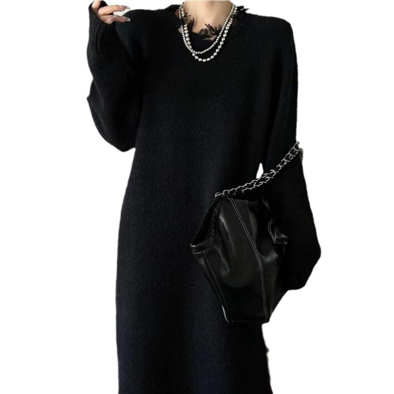 Long Ripped Raw Edge Knitting Dress Women's Autumn And Winter Loose Long Sleeve Basic Shirt 10