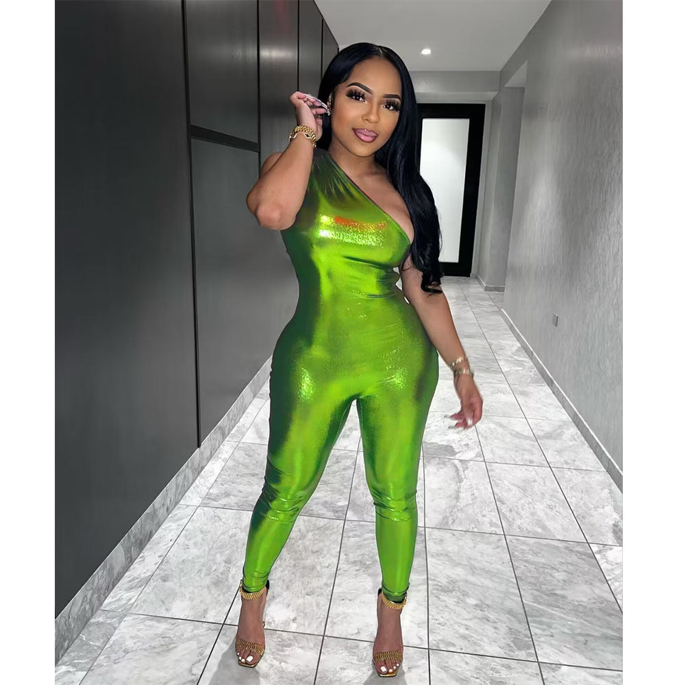 Sexy One Shoulder Solid Color Sleeveless Slim Fitted Pu Leather Jumpsuit 5