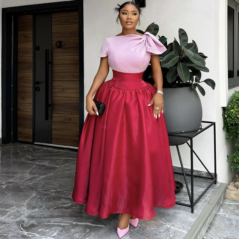 Women's Summer Fashion Chic Contrast High Waist Slim Long Dress 3