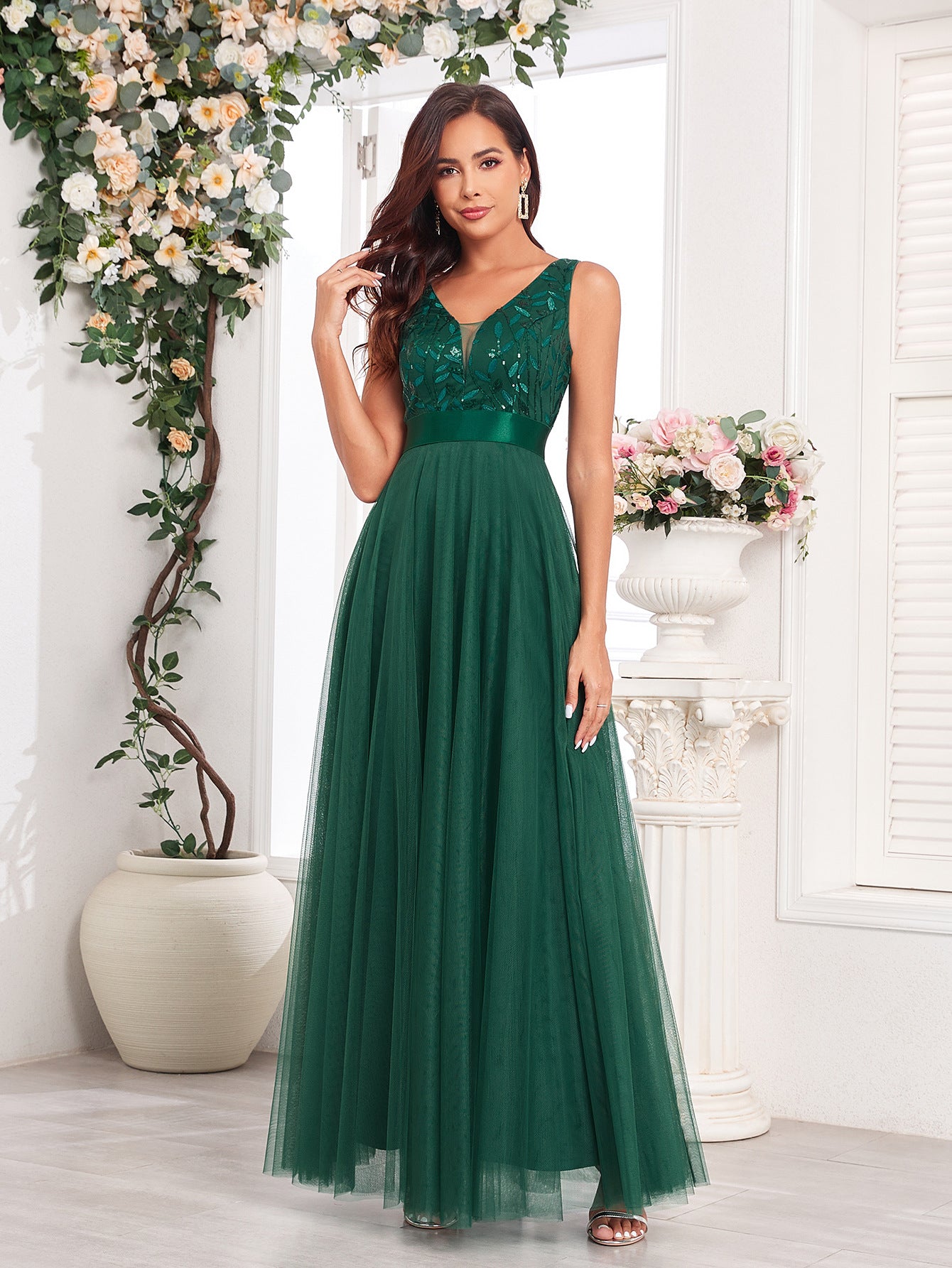 Patchwork Elastic Waist Sleeveless Double V Neck Evening Gown with Embroidered Tulle Elegant Long Swing Party Dress 24