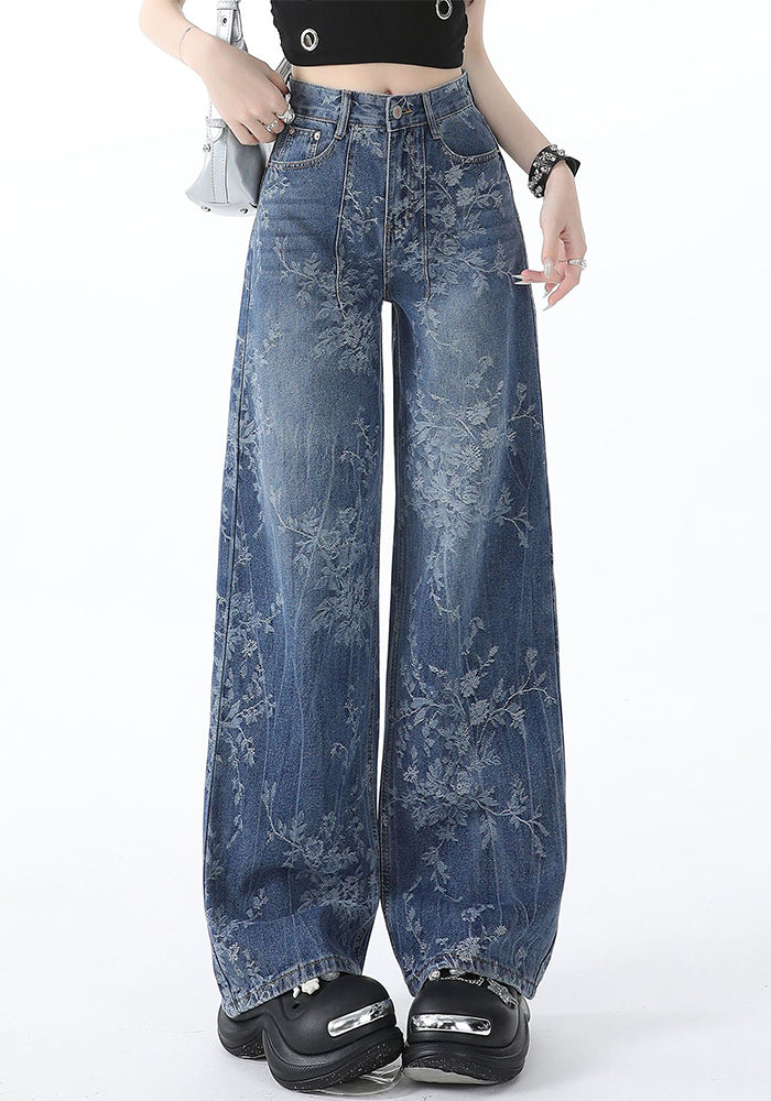Blue Jacquard Denim Pants Women Loose Wide Leg Straight Leg Trousers