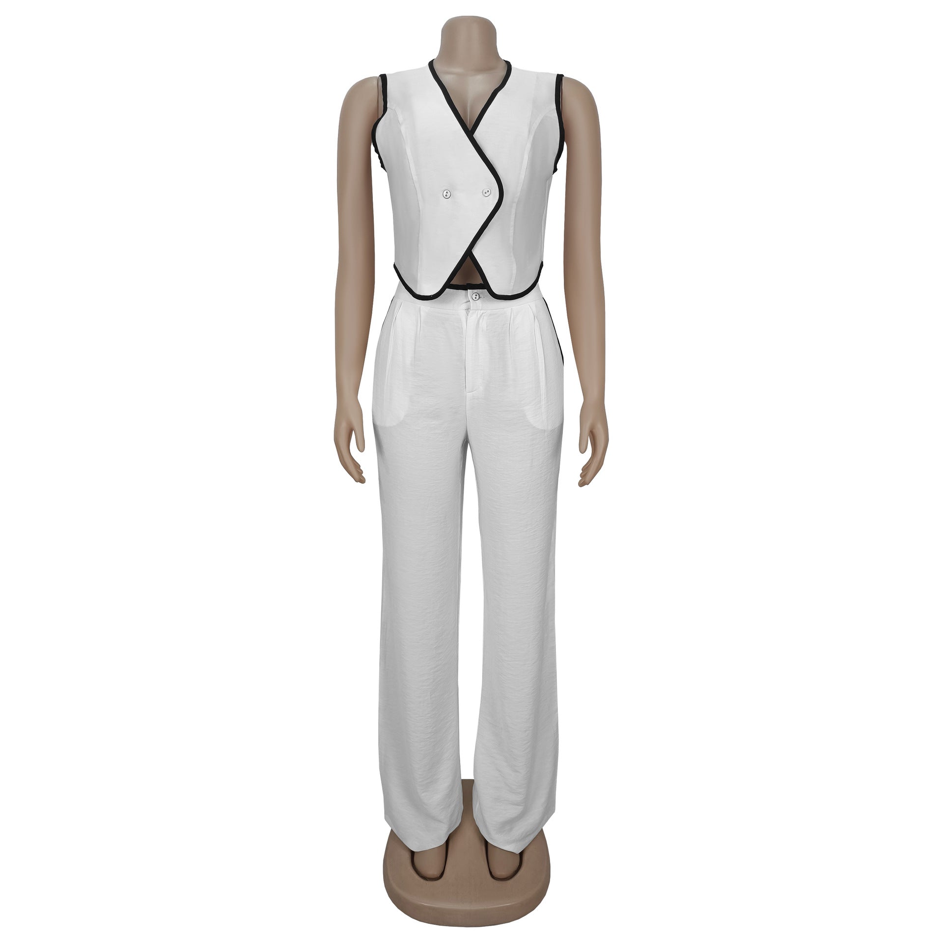 Women casual v-neck button top and trousers two-piece suit 12