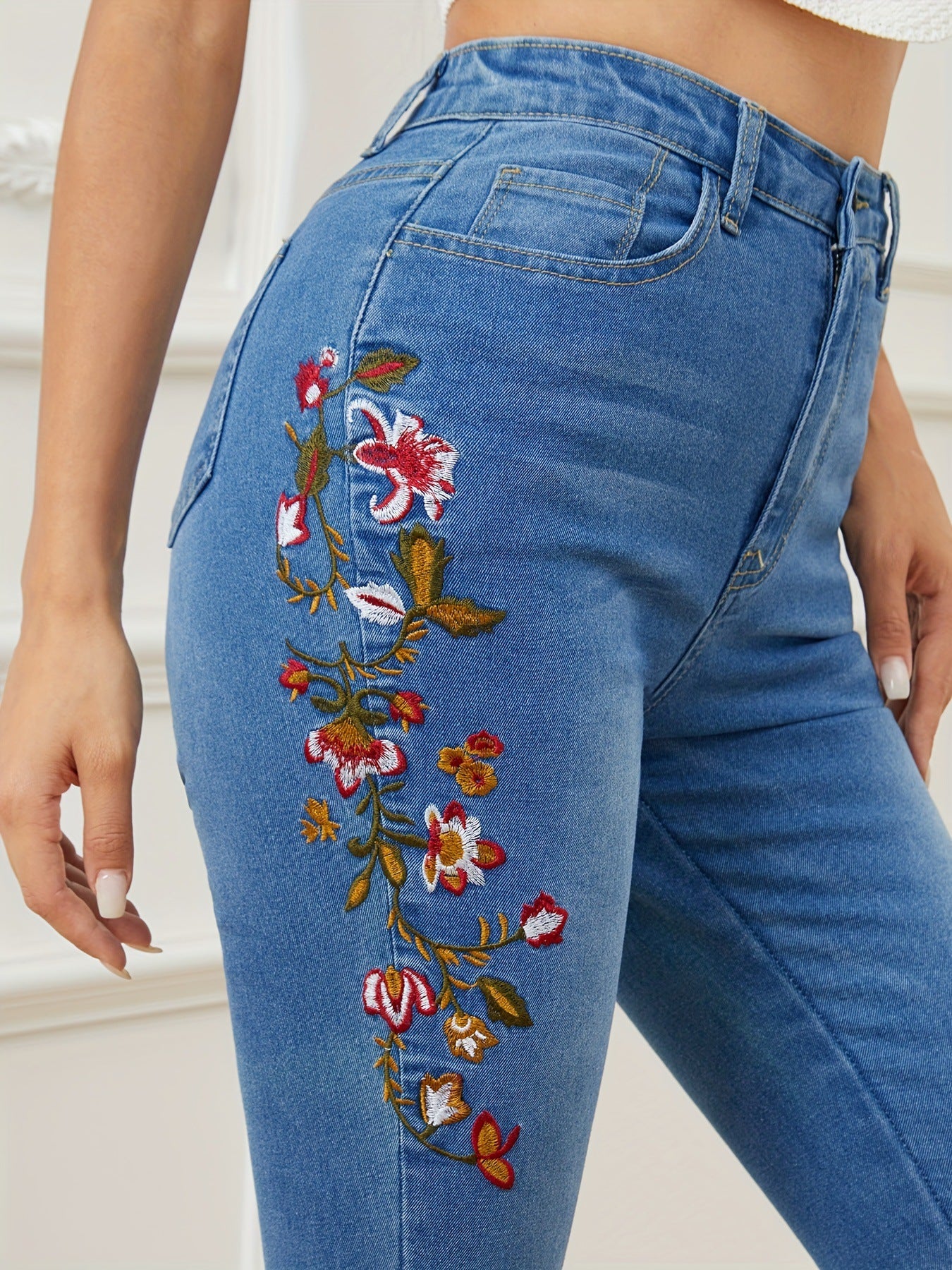 Women Embroidered High Waist Stretch Denim Pants 6