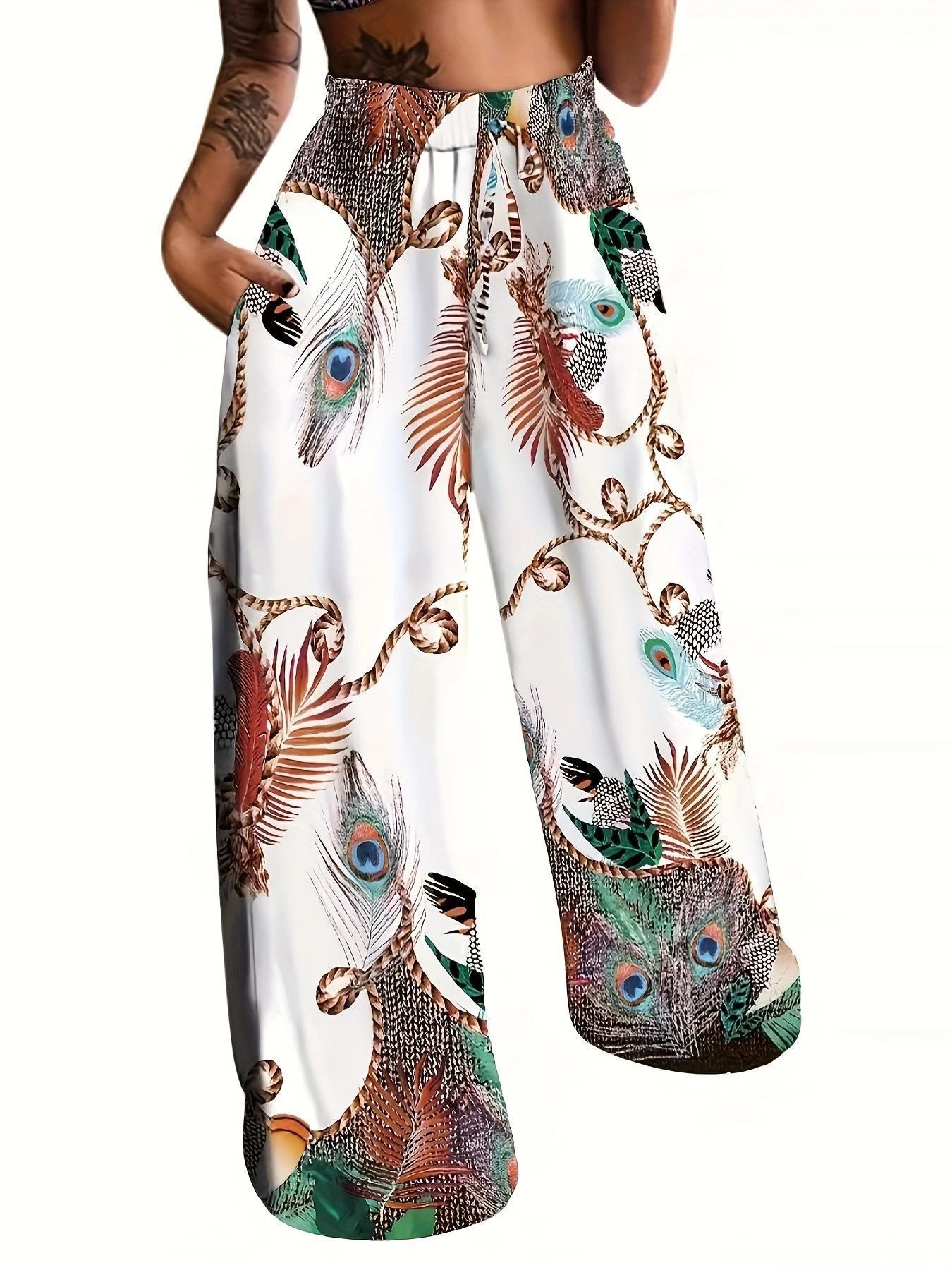 Plus Size Women Fall Casual Lace-up Print Wide-leg Pants 3