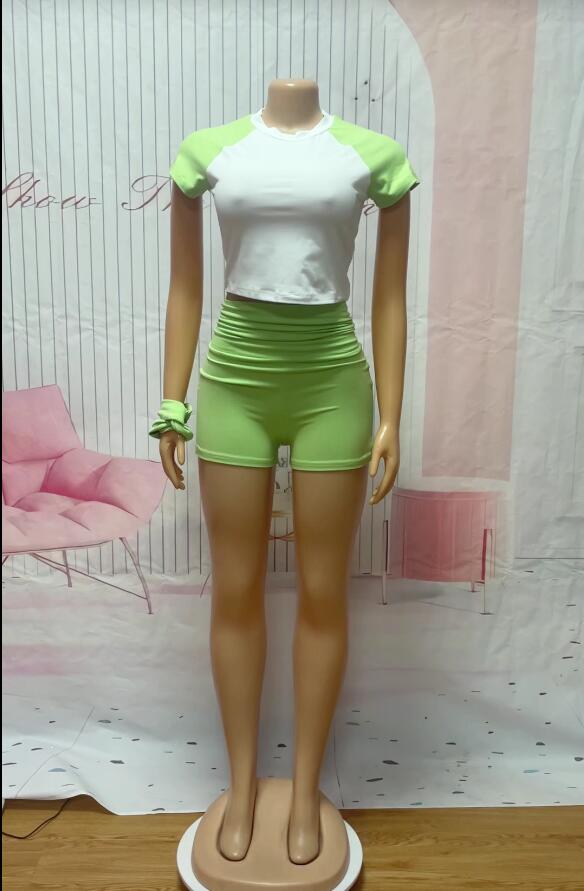 Women street raglan contrast short sleeve top and shorts Casual sports two piece set with headband 11