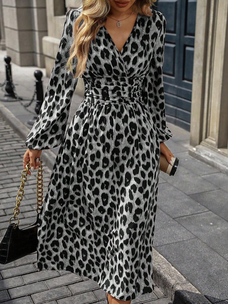 Leopard Print Women Autumn Lantern Sleeve Long Dress 20