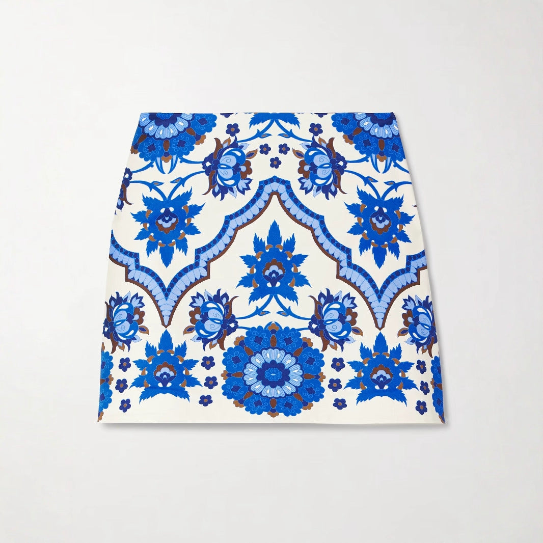 Summer Women's Slim Fit Blue Print Round Neck Top and Short Skirt Set 5