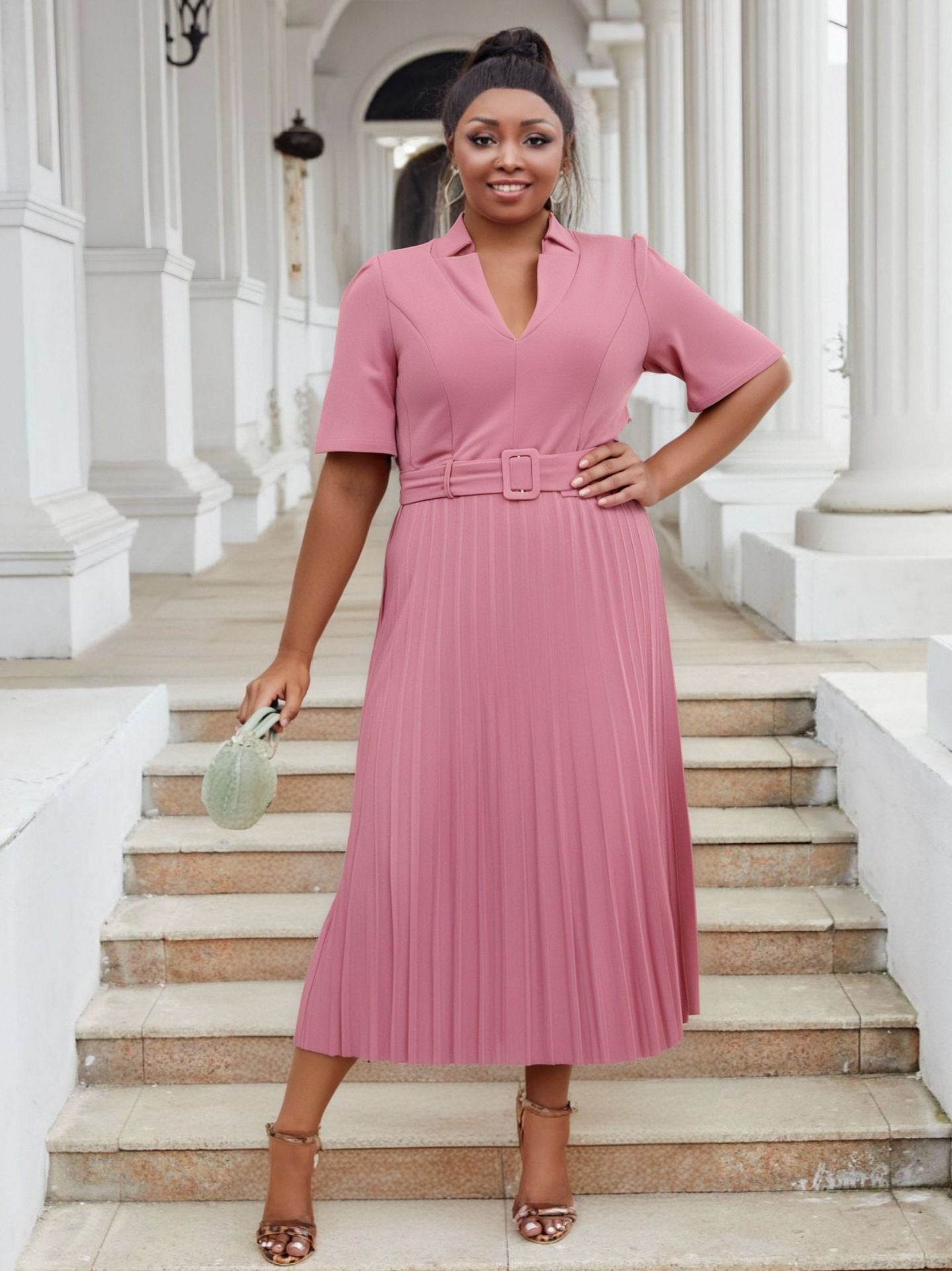 Plus Size Women's Office Summer Short Sleeve Fashion V-Neck High Waist Chic Pleated Long Dress 11