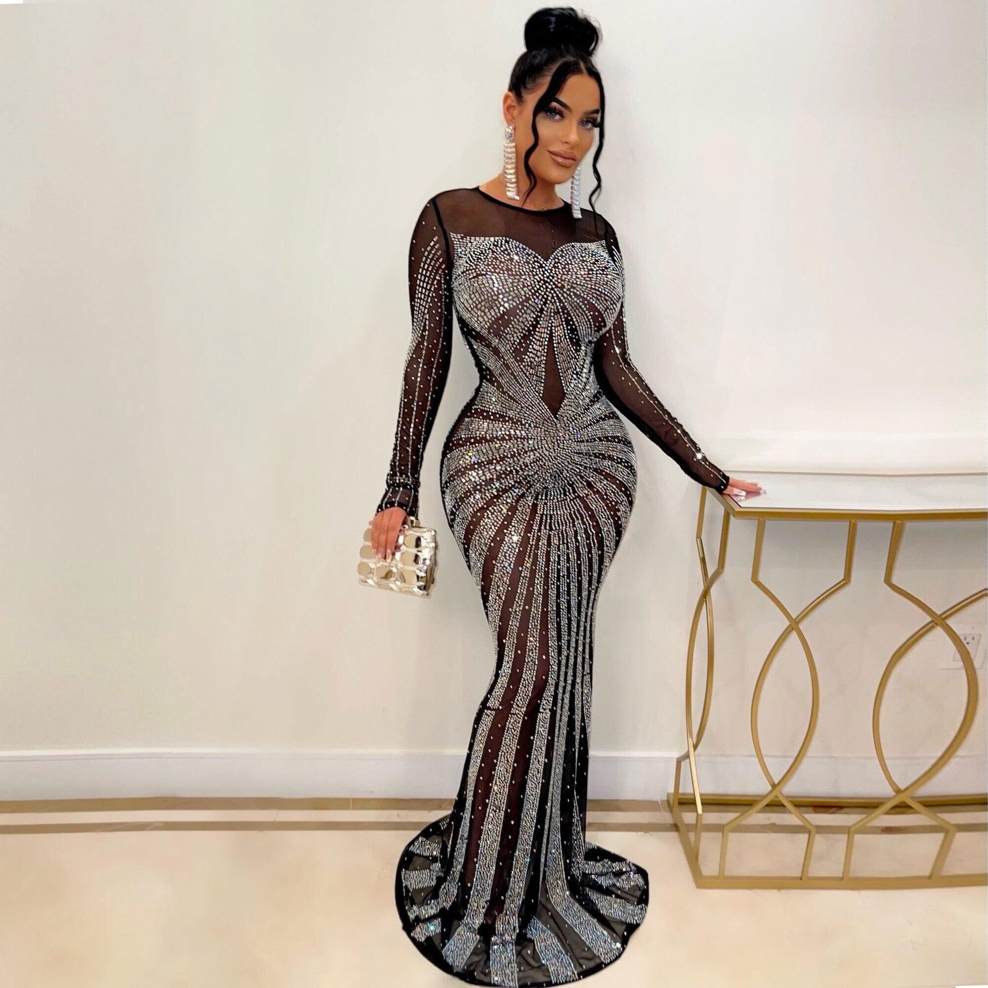 Sexy Rhinestone Beaded Long Sleeve Evening Dress