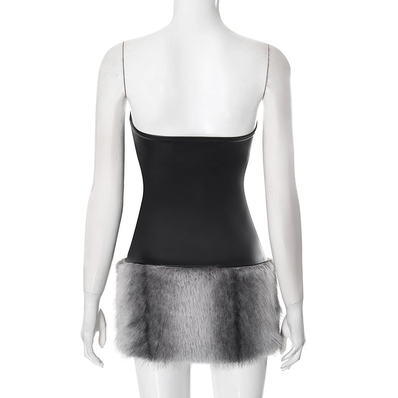 Women sexy Strapless Pu-Leather patchwork fur dress 8
