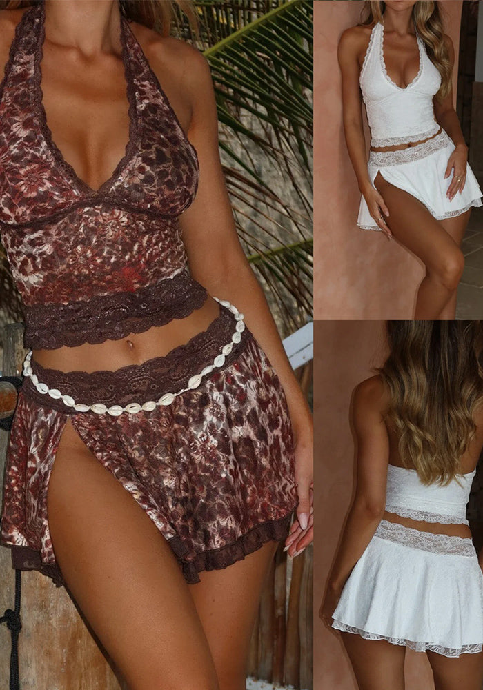 Sexy Halter Neck Deep V-neck Short Lace Top Slit Short Skirt Two-piece Set