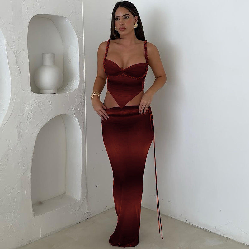 Women's Spring Contrast Strap Vest & Sexy Slim Long Skirt Set 3