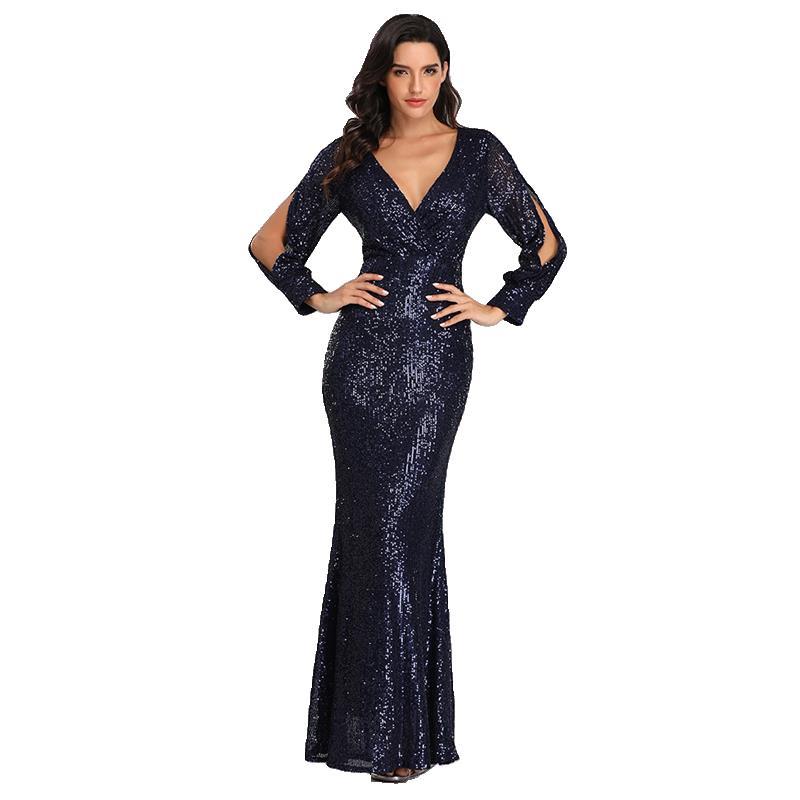 Plus Size Women Long Sleeve V-Neck Sequined Mermaid Evening Dress 6