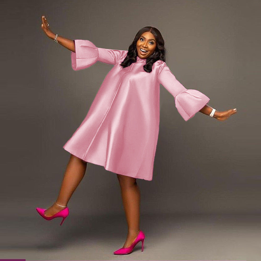 Plus Size WomenRound Neck Bell Bottom Dress 3