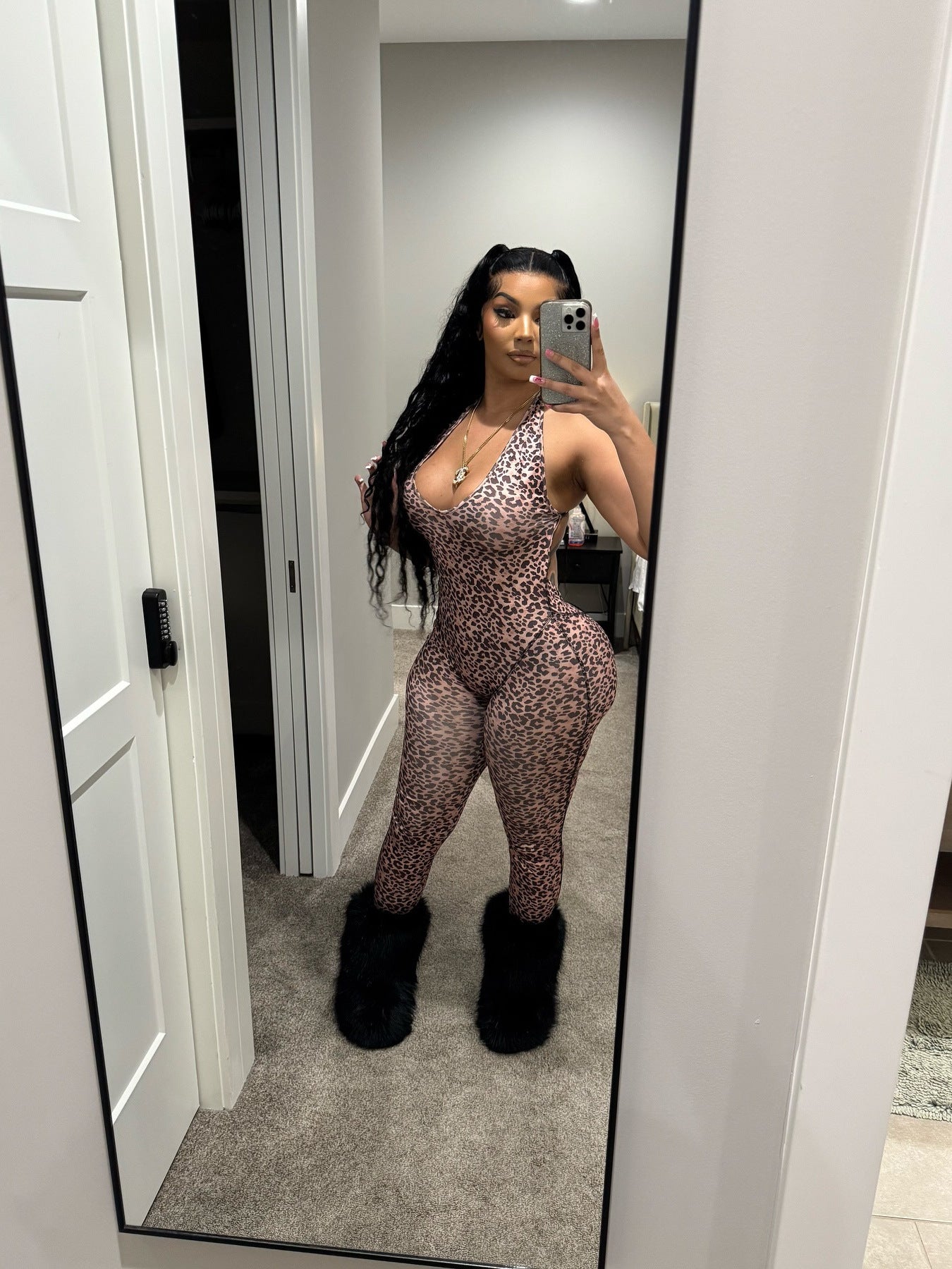 Women Summer Leopard Print Sexy V-neck Backless Halter Neck Jumpsuit 4