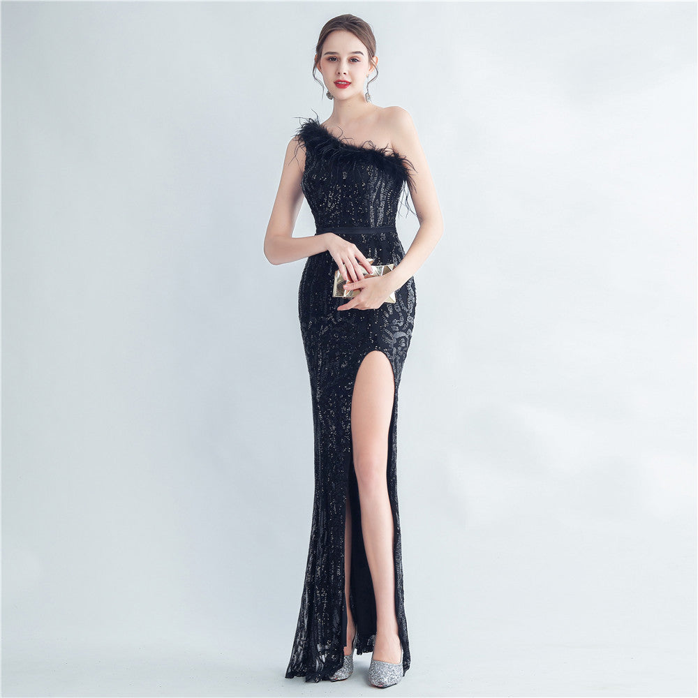 Women Premium Ostrich Feather Satin Sequin Slit Evening Gown 15