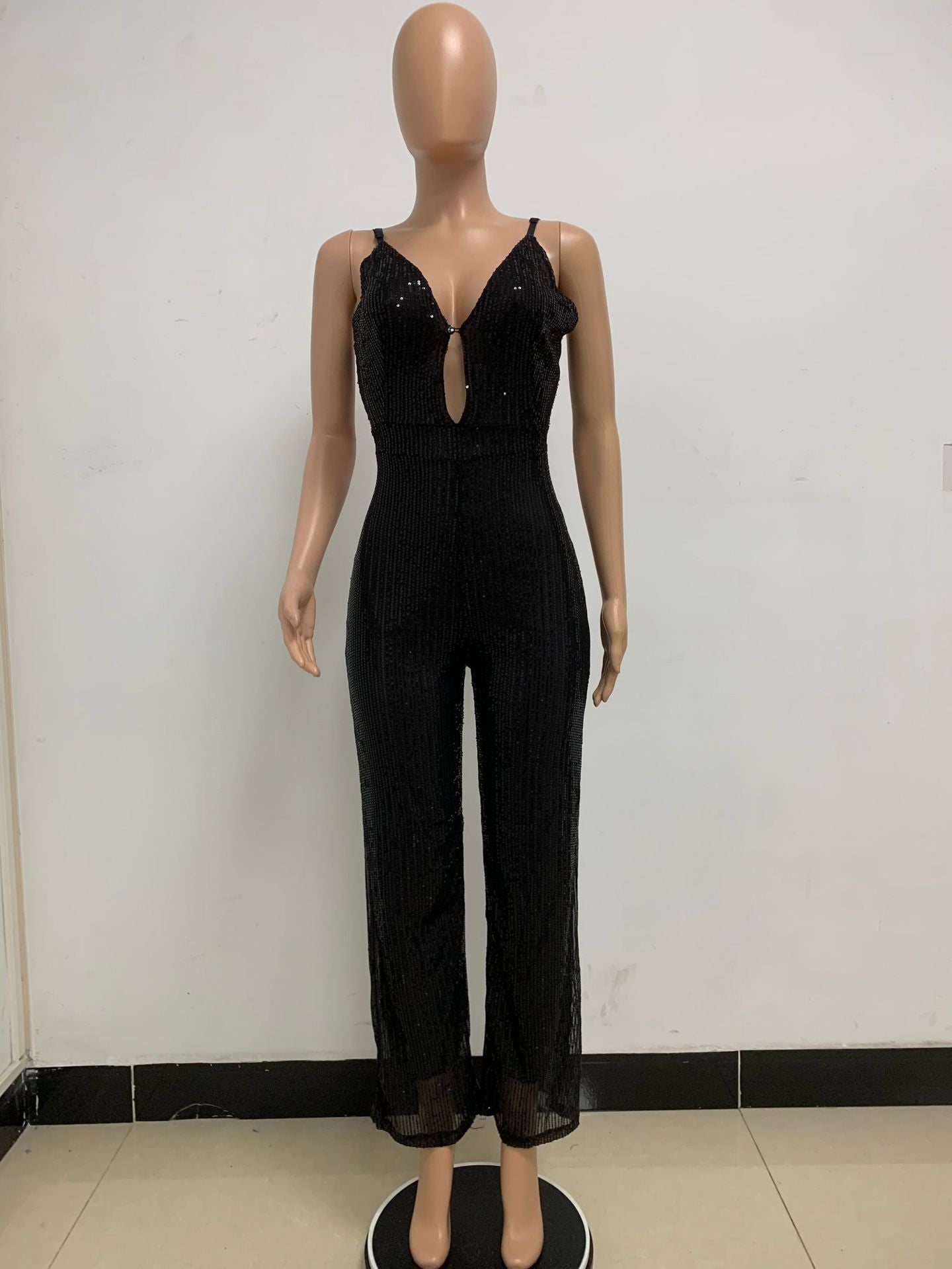 Deep V Neck Low Back Sleeveless Chic Sequined Straps Elegant Women's Party Jumpsuit 53