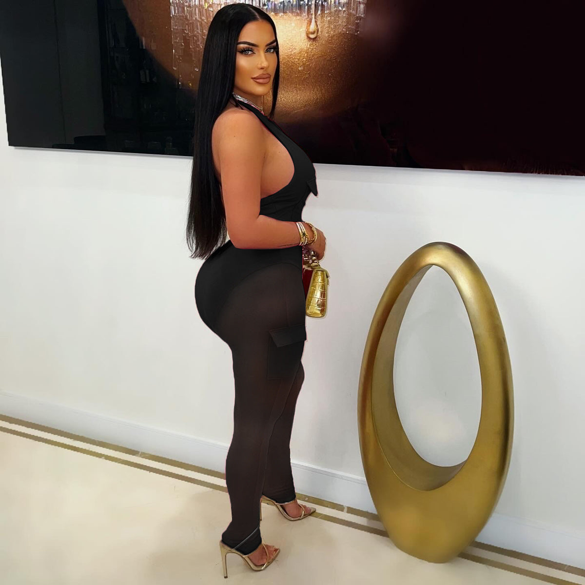 Summer Deep V-Neck Sleeveless Tight-Fitting Bodysuit Pocket Mesh Pants Set 11