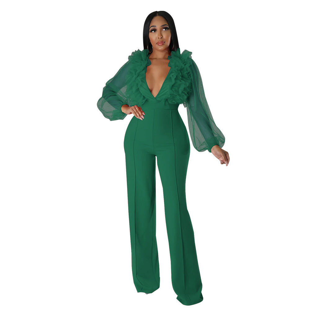 Women Mesh Balloon Sleeve V-Neck Backless Jumpsuit 10