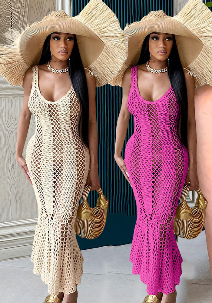 Women's Sexy Hollow Solid Color V-neck Knitting Sleeveless Mermaid Dress