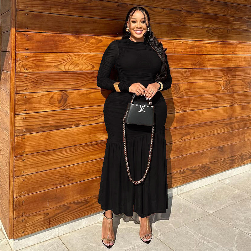 Women's Chic Slim Waist Solid High Neck Long-Sleeve Ruched Long Dress 3