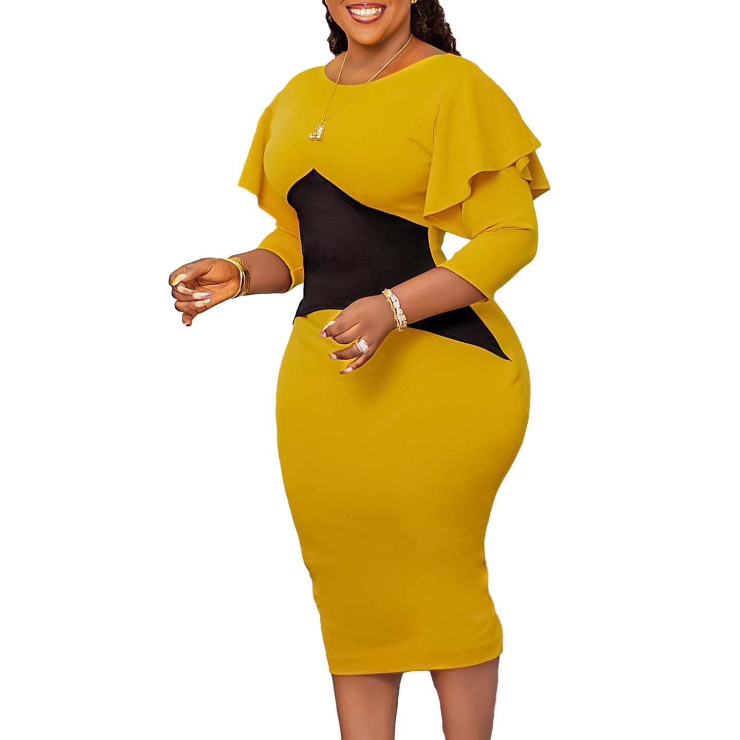 Plus Size African Ladies Color Block Long Sleeve Dress 20