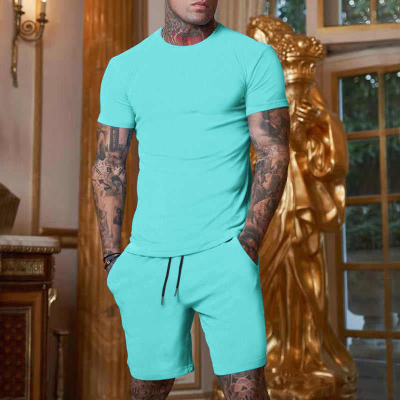 Summer Men'S Solid Color Short-Sleeved T-Shirt Shorts Sports Two Piece Suit 26