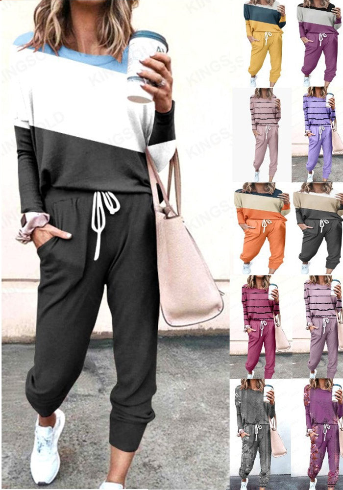 Women Loose Solid Long Sleeve Top and Pant Casual Two-piece Set
