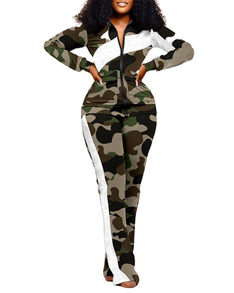 Women long-sleeved color-blocked zipper top and trousers two-piece set 9