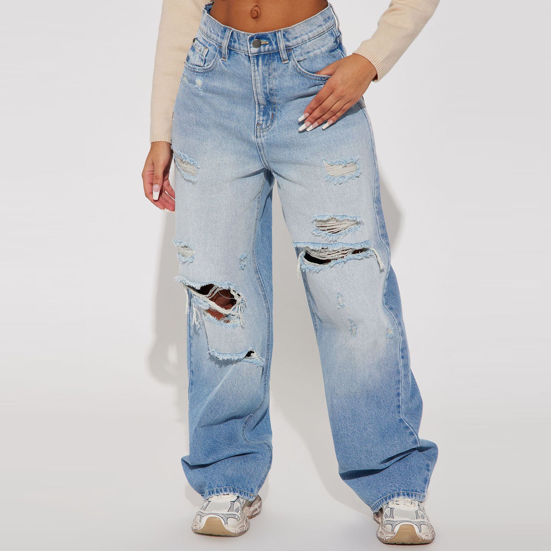 Women Winter Street Irregular Ripped Denim Straight Pants 6
