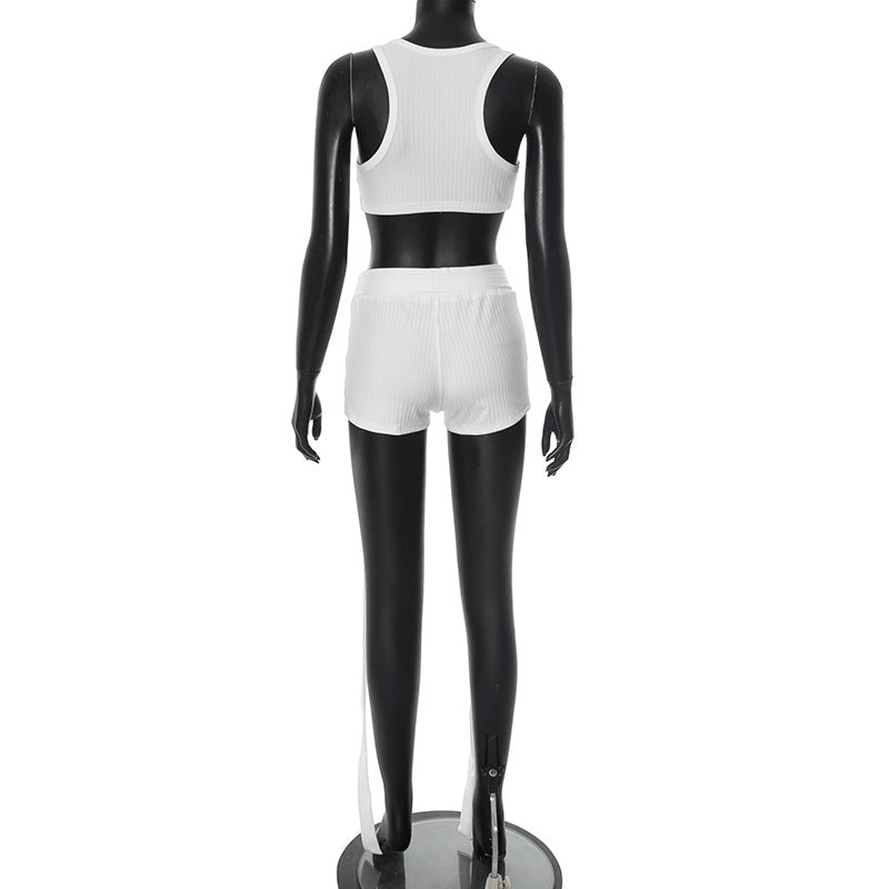 Women's Spring-Summer Ribbed Halter Buckle Vest with Loose Ribbon Shorts Set 10