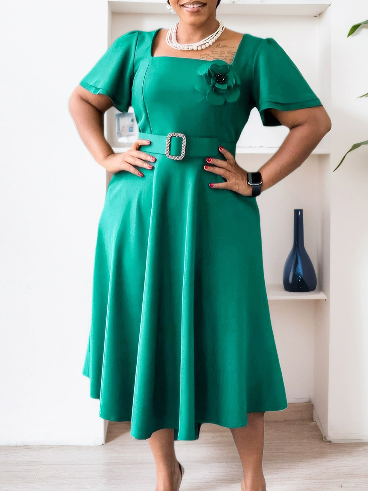 Women summer square neck solid African dress 5