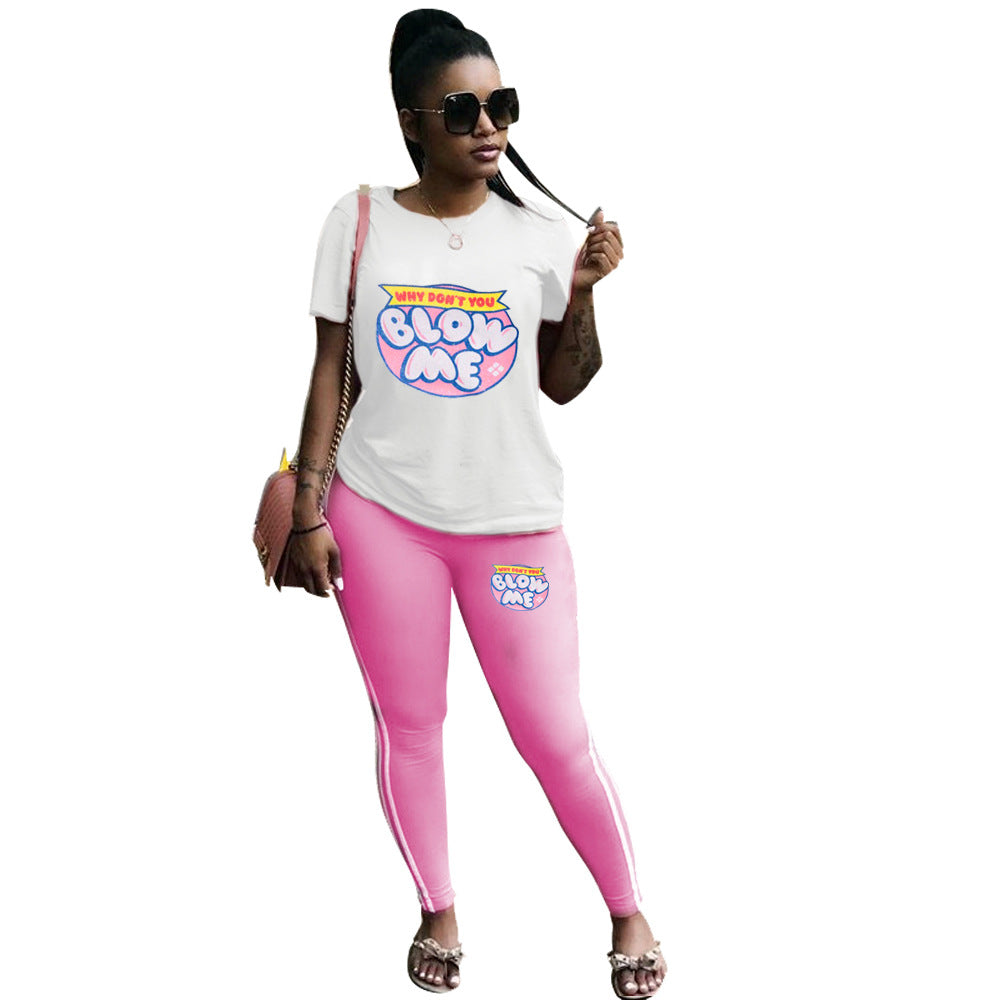 Women Casual Solid Print Short-Sleeved Top and Pants Two-Piece Set 9