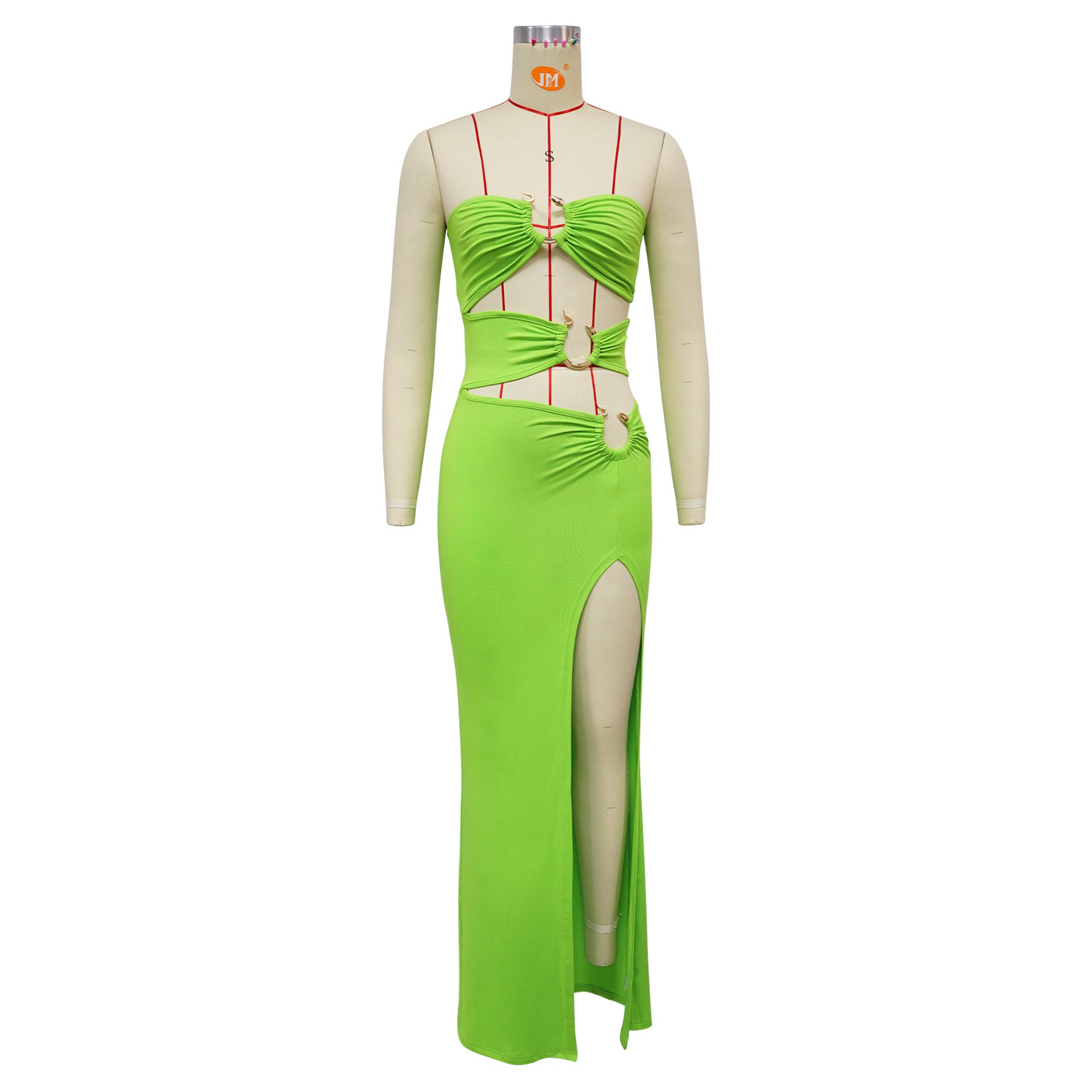 Fashion Women's Metal Decoration Solid Color Low Back Sexy Strapless Slit Long Dress 12