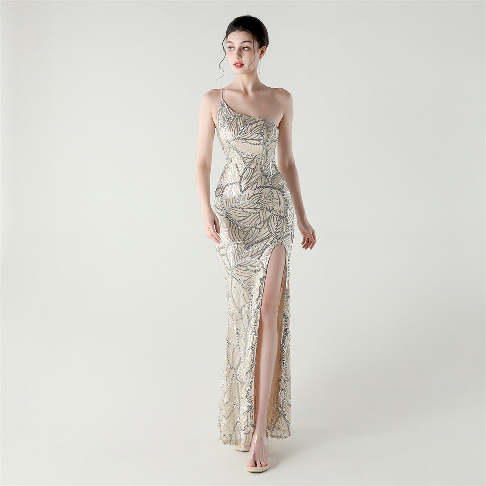 Women One Shoulder Beaded Geometric Sequin Formal Party Prom Wedding Evening Dress 17