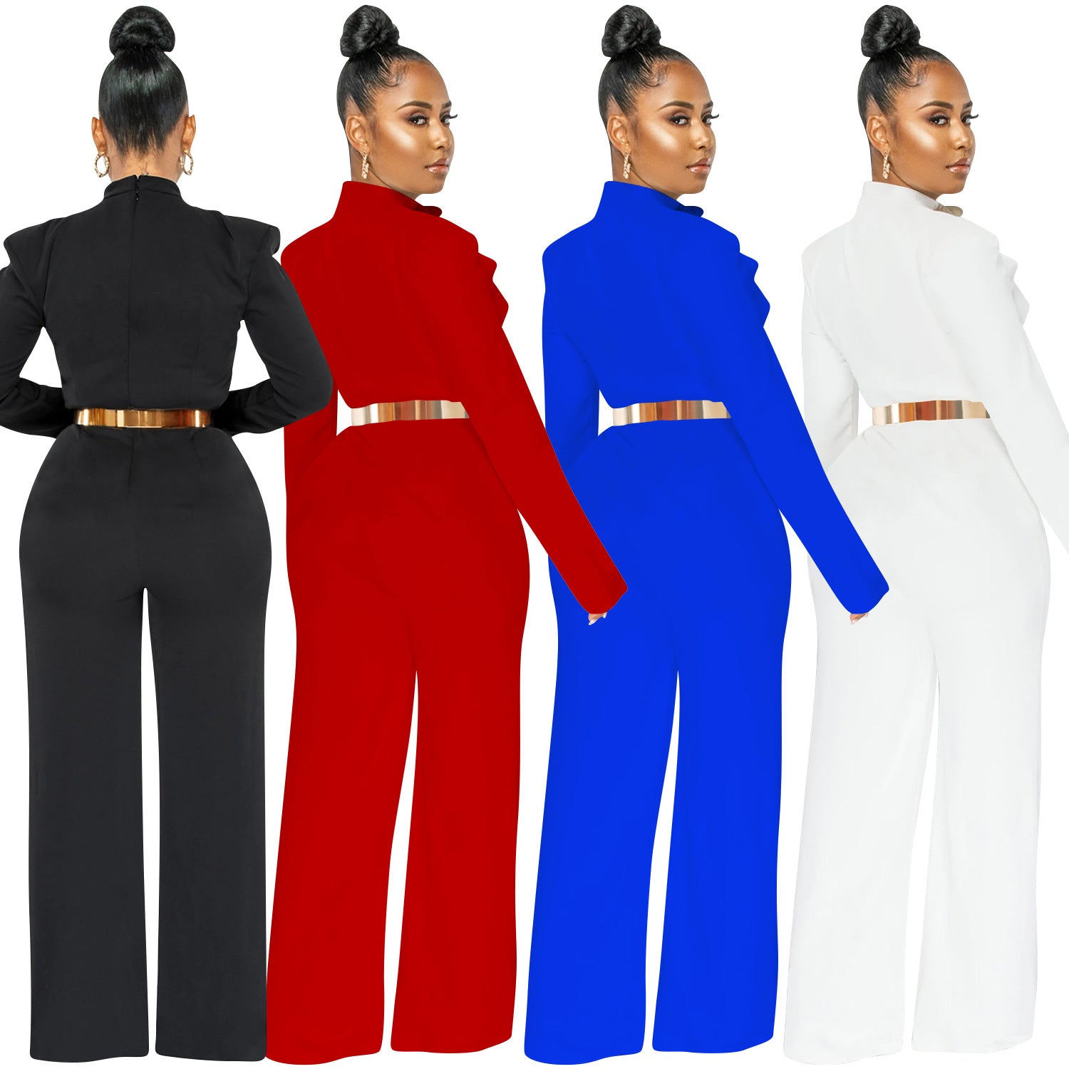 Women Fashion Solid Color Long Sleeve Wide Leg Pants Jumpsuit 5
