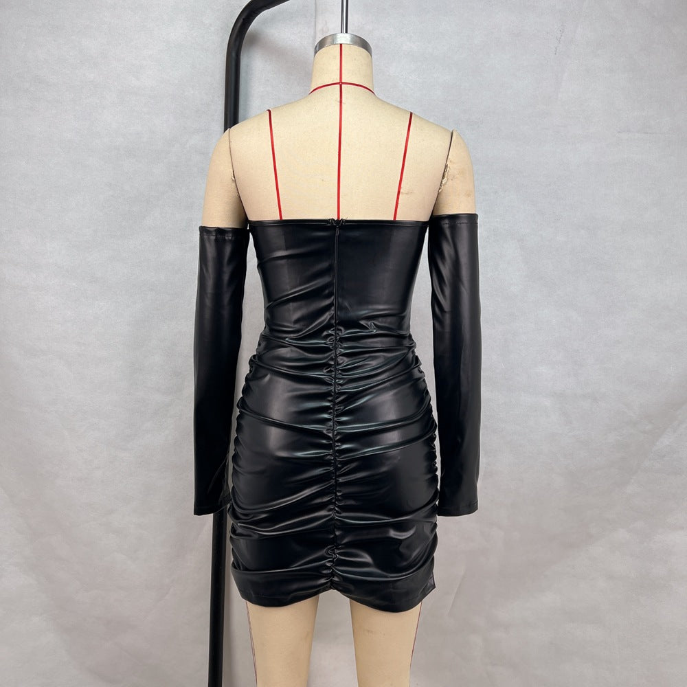 Women Spring and Summer Sexy Off Shoulder Pleats Pu-Leather Strapless Bodycon Dress 6