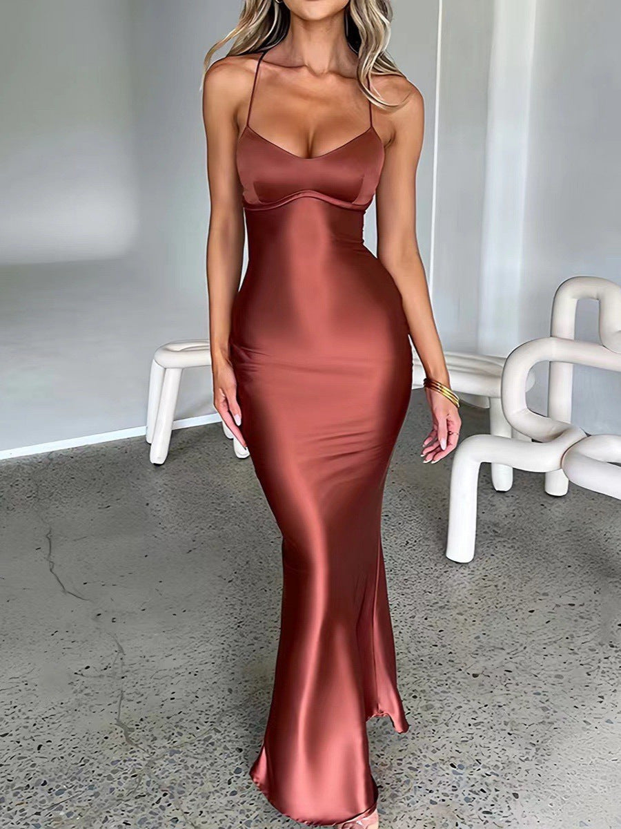 Women Sexy Suspender Satin Backless Lace-Up Dress 9