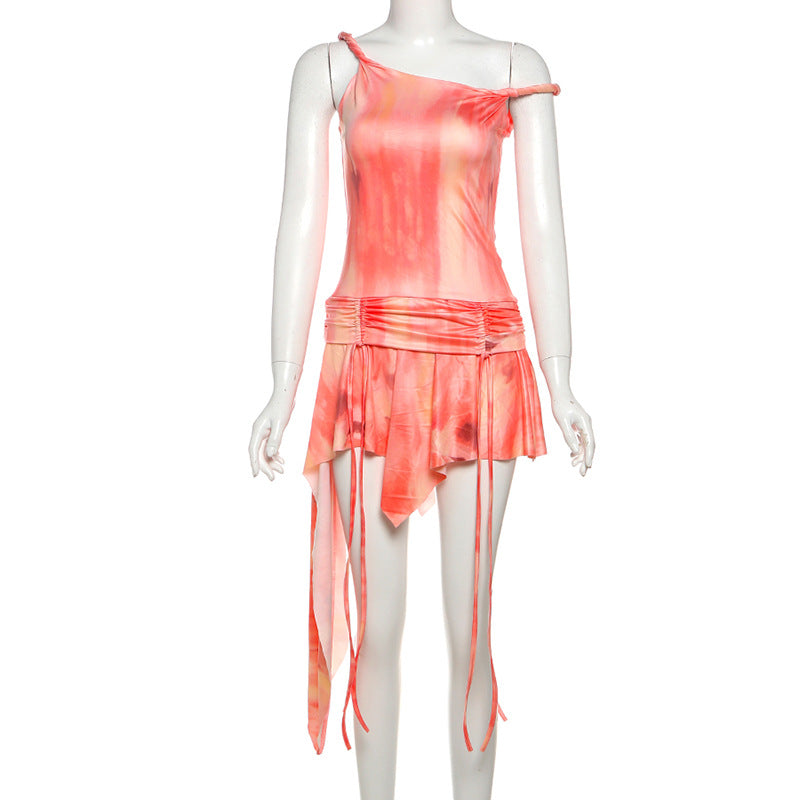 Spring and Summer Women's Slash Shoulder Contrast Color Slim Sexy Low Back Bodycon Print Dress 9