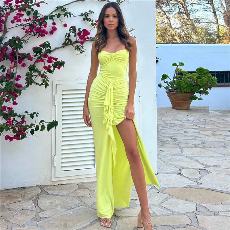 Women autumn and winter Halter Neck Off Shoulder Pleated slit dress