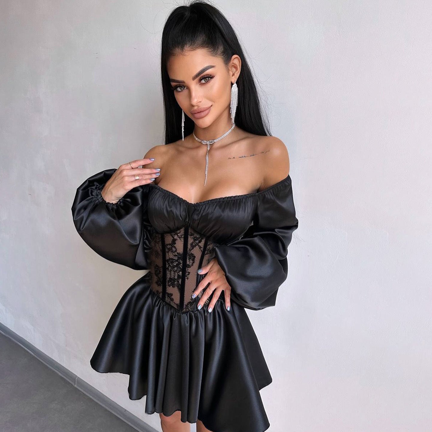 Autumn Sexy Satin Off-Shoulder See-Through Mesh Patchwork Mini Dress for Women