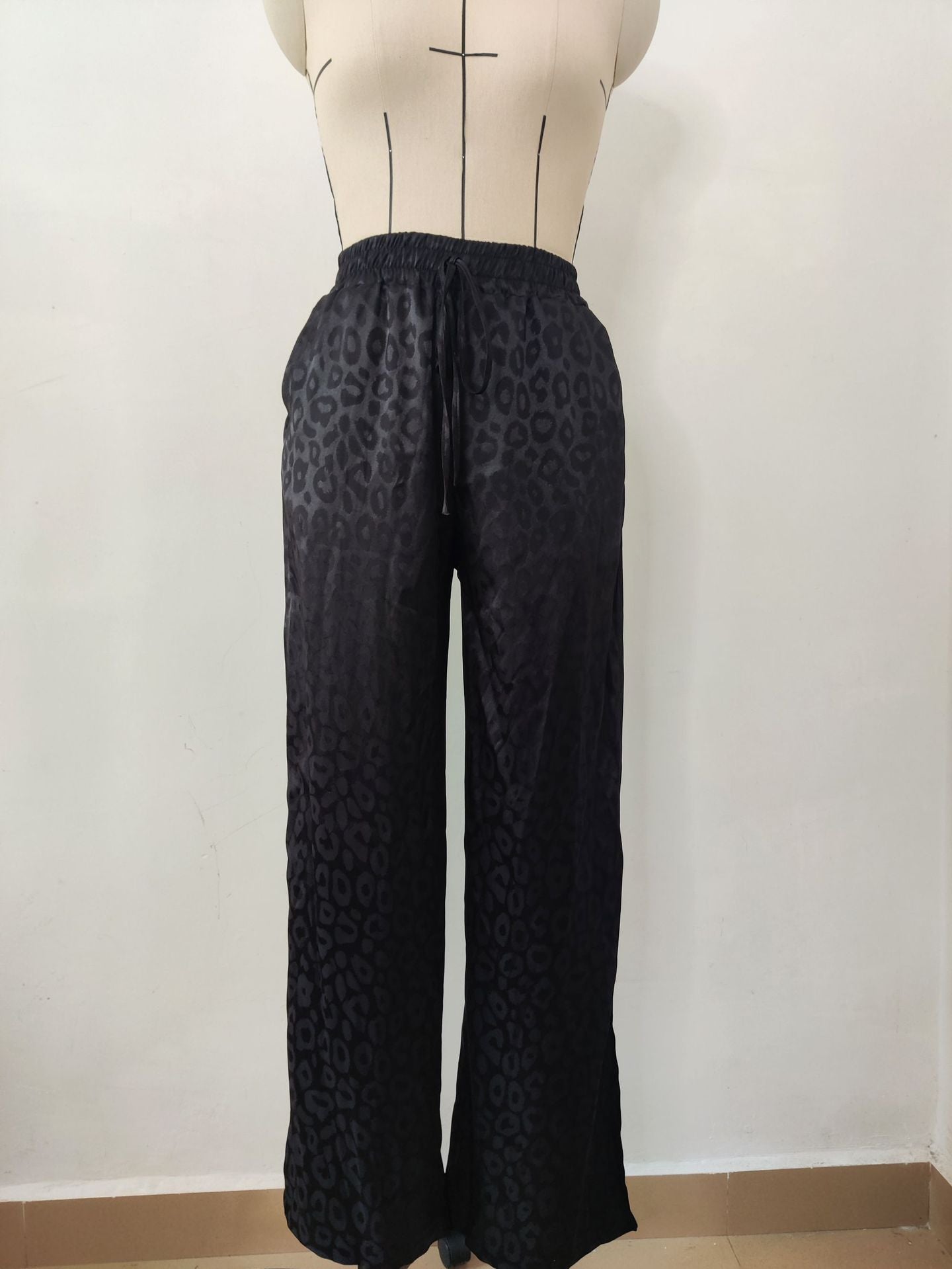 Women leopard print jacquard long-sleeved shirt and elastic waist loose trousers two-piece set 33