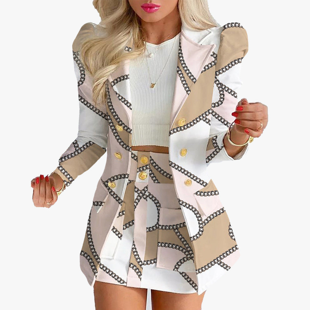 Women Printed Elegant Career Blazer and Print Skirt Two-Piece Set 17
