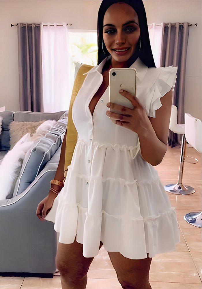 Women'S Ruffle Sleeveless Single Breasted Solid Color Summer Shirt Dress