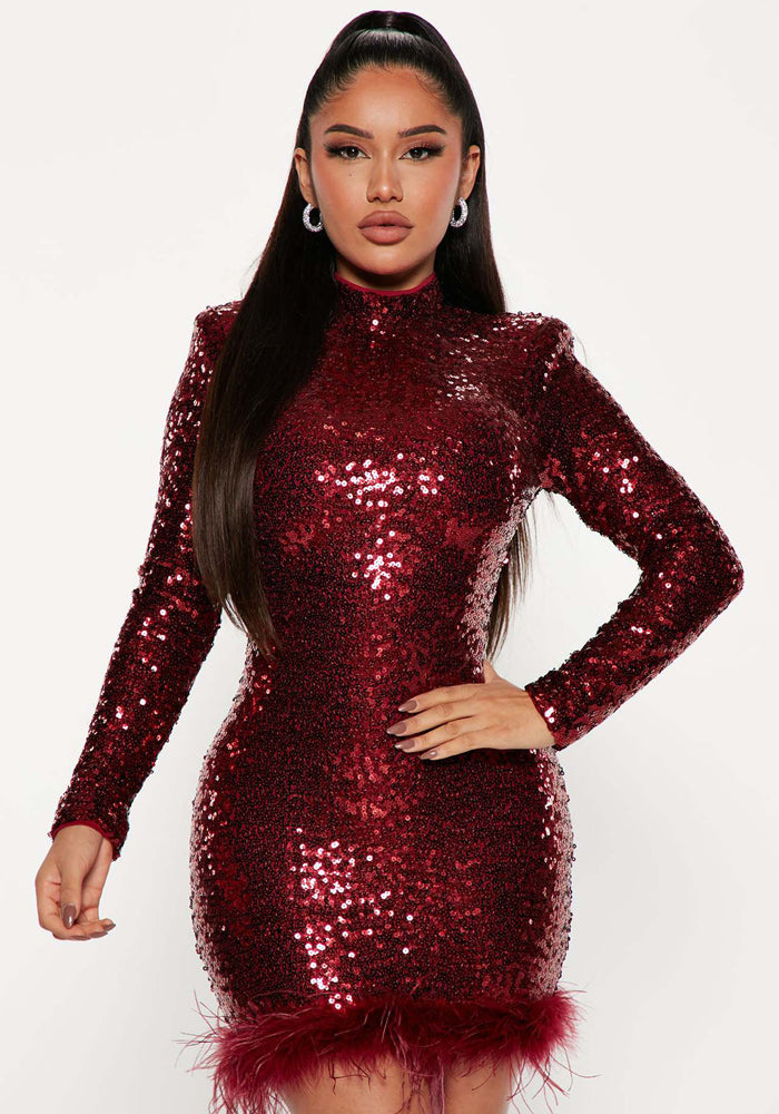 Fashion Bodycon Long Sleeve Round Neck Sequin Feather Party Dress