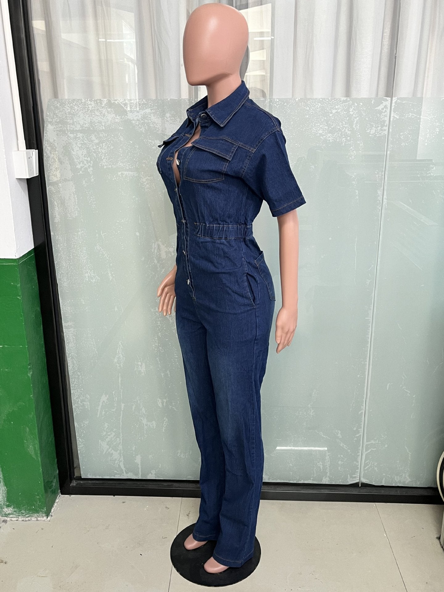 Casual Short Sleeve Button Elastic Denim Jumpsuit 9