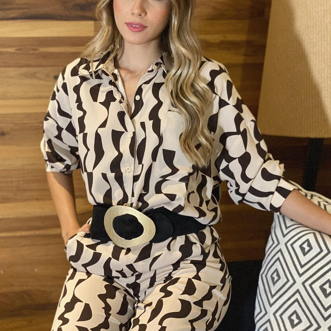 Women's Fashion Print Turndown Collar Long Sleeve Casual Shirt High Waist Straight Pants Set 4